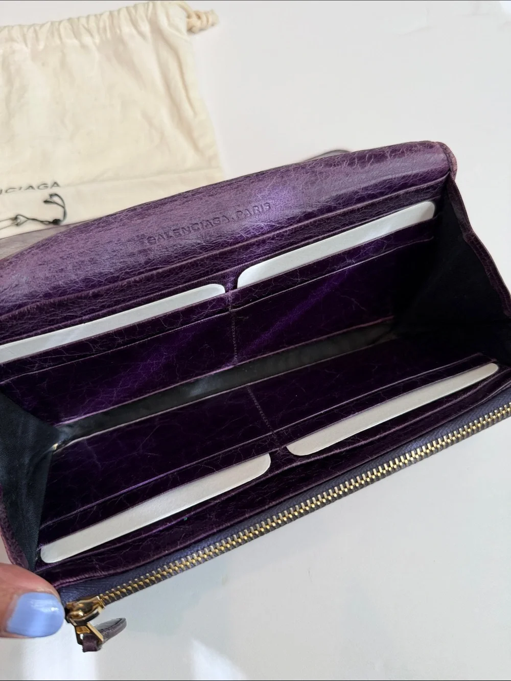 Balenciaga Distressed Plum Leather Continental Wallet with Gold Hardware
